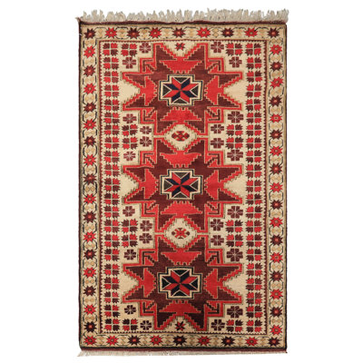 Tapis turc traditionnel en laine noué à la main ivoire 3 pi 6 po x 5 pi 9 po