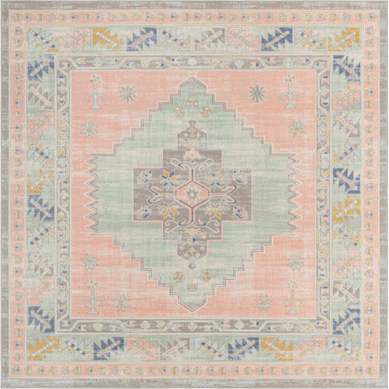 Tapis oriental rose poudré Pointe, Carré 7 pi 10 po