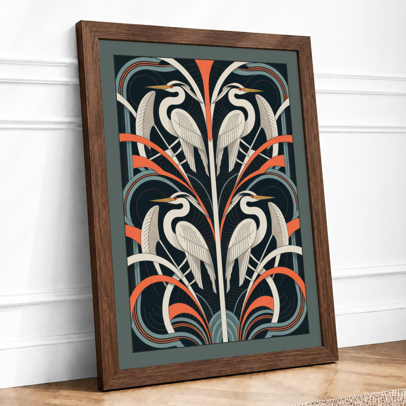 Mirrored Herons in Pattern Art Deco - Framed Print, A4 - 29.7 x 21.0 cm, Walnut