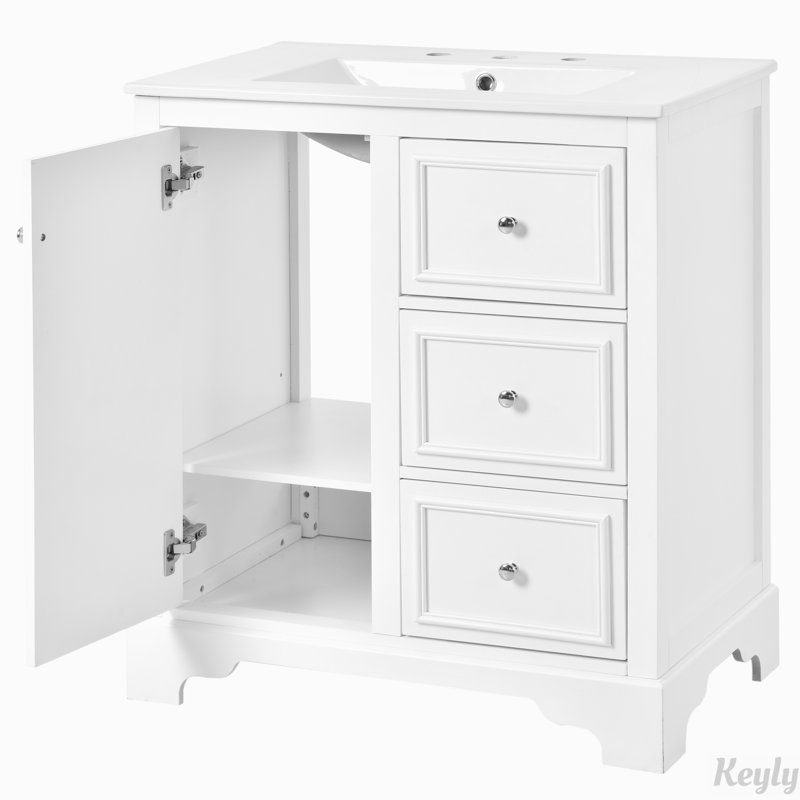 Meuble-lavabo avec lavabo en céramique, tiroirs et tablettes réglables, Blanc