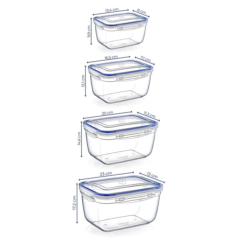 Durable Plastic Storage Box Set (4Ps), BPA-Free, Transparent | Includes Sizes: 9.1 x 5.1 x 6.8 in (3000 ml), 7.9 x 4.4 x 5.7 in (1800 ml), 6.5 x 2.8 x 4.8 in (1000 ml), 5.3 x 3.1 x 3.9 in (550 ml) | Dishwasher Safe, Ideal for Organizing Home & Office