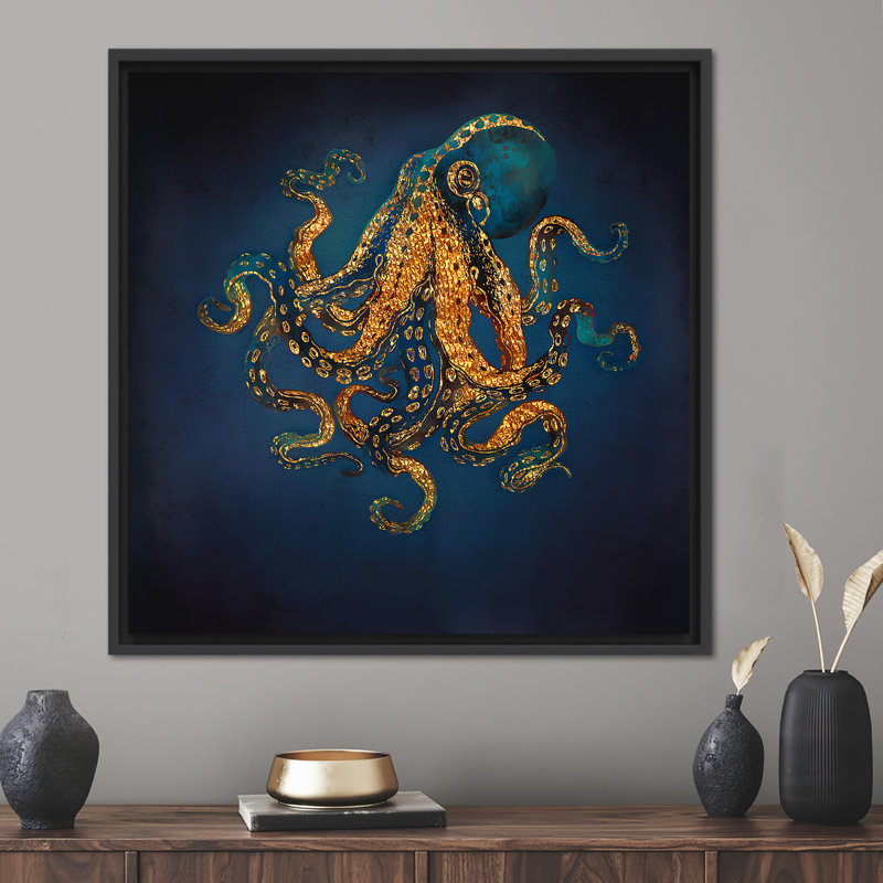 Octopus Modern Art Canvas: Luxury Trendy Wall Decor and Contemporary Animal Poster, 20 cm H x 20 cm W, Black Floater Framed