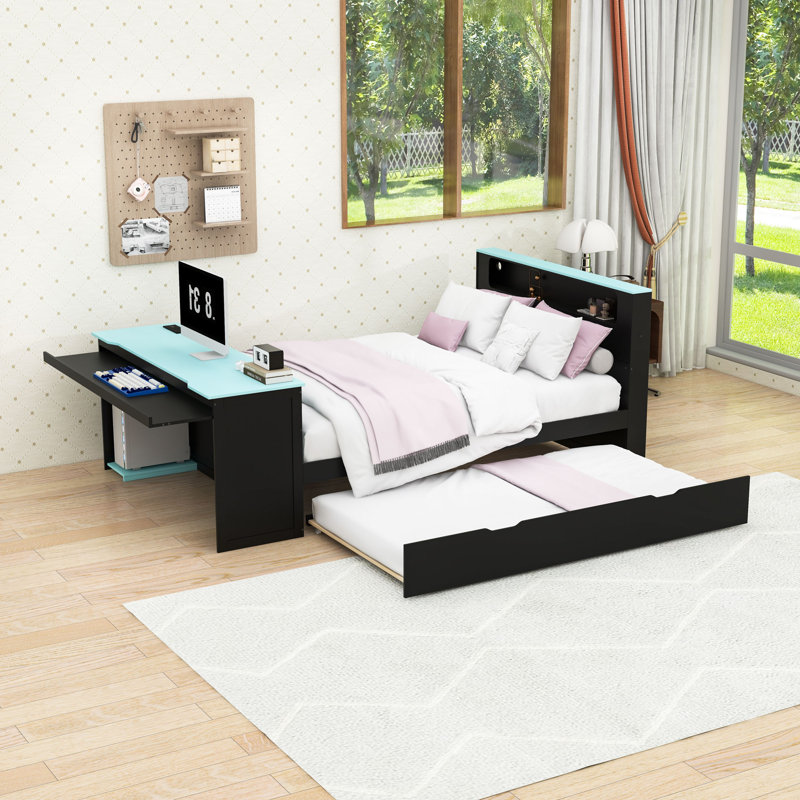 Lit plateforme en bois avec tête de lit RVB Smart, lit gigogne et bureau, Lit double, Noir bleu