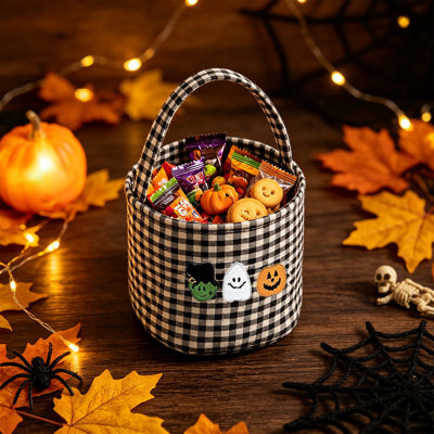 Panier de rangement d'Halloween en tissu à carreaux Halloween Citrouille fantôme Panier à main décoratif pour les fêtes