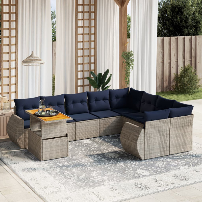  Ensemble de canapé de patio 10 pièces avec coussins en rotin de polyester, Gris, Bleu