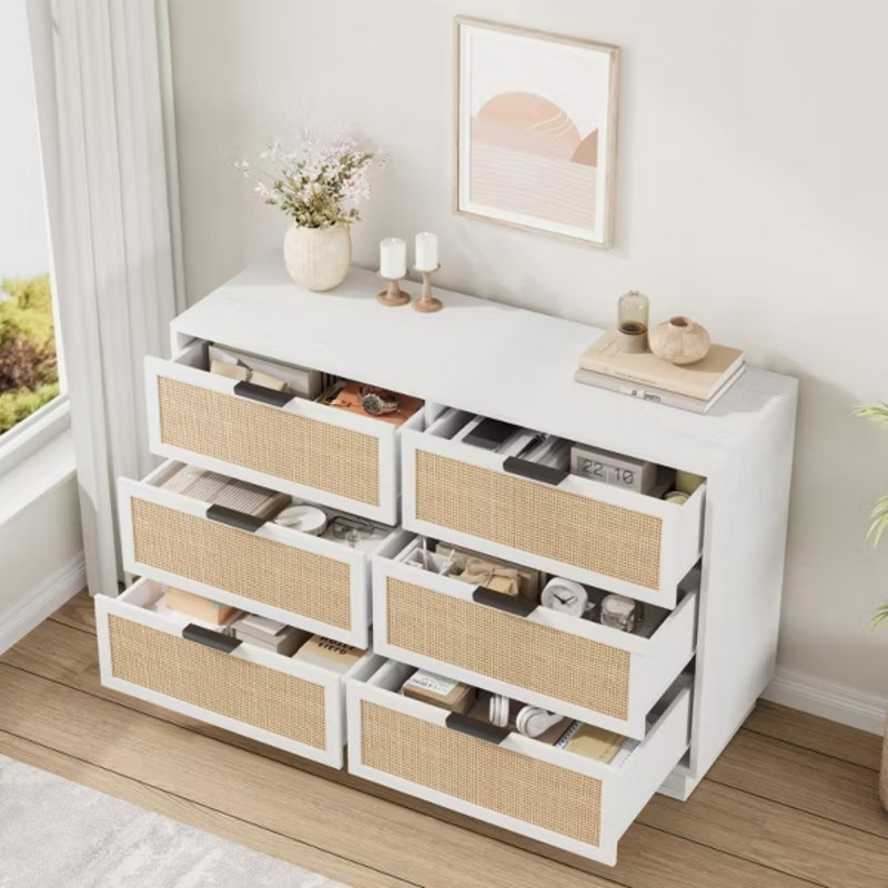 6 Drawer Rattan Dresser, Wide Chest with Metal Handles and Solid Wood Base, Storage Organizer for Bedroom, Living Room, White