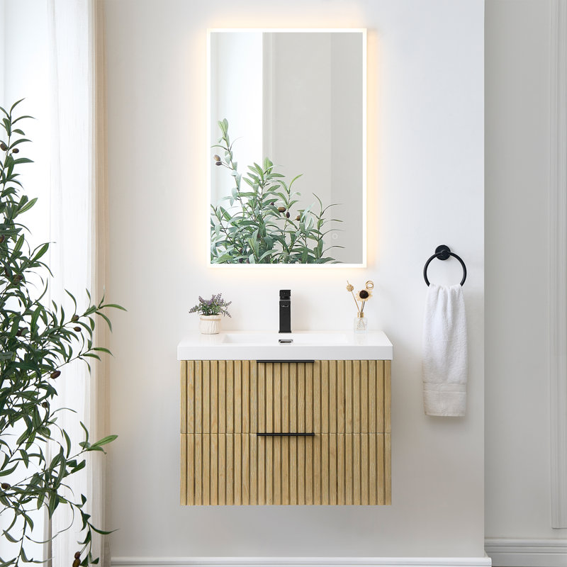 Ensemble de meuble-lavabo mural simple 30 po avec lavabo artificiel avec miroir Livia