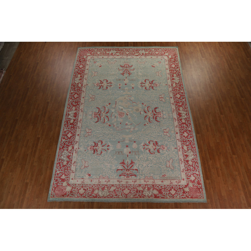 Tapis vert en laine noué à la main de conception unique 9 pi 10 po x 14 pi 4 po New Age
