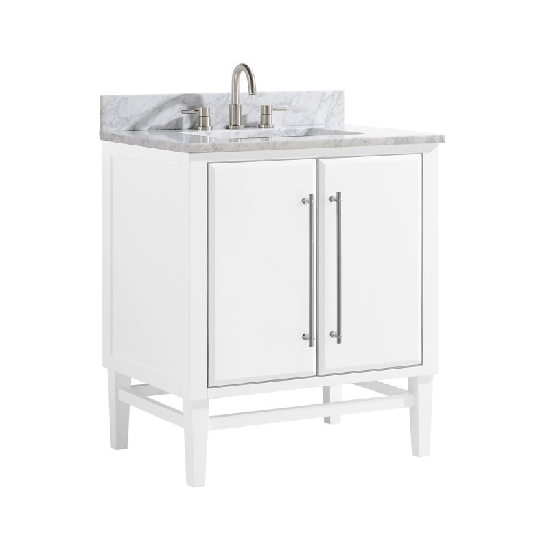 Mason 30" Single Bathroom Vanity with Carrara Marble Top, Carrara White, Navy Blue, Matte Gold
