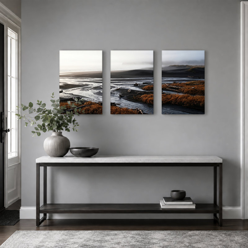 «Black Sand River Delta» avec ensemble de 3 toiles sur bois flottant et dune herbe, H 18 po x l 12 po x 3 pièces