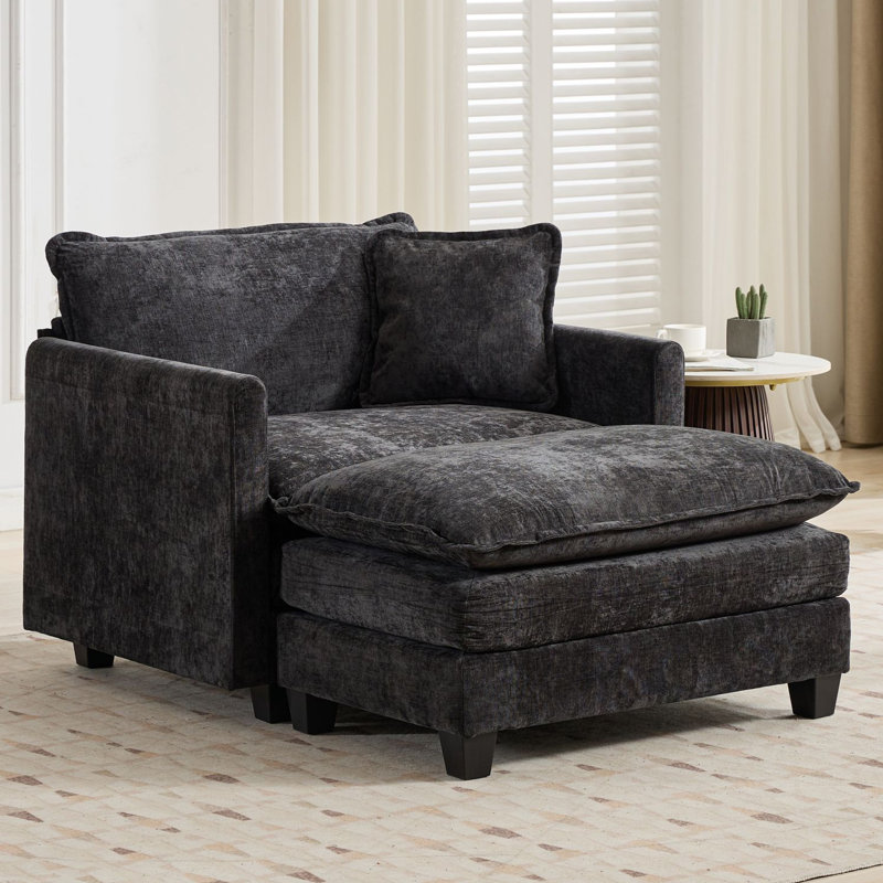 Schmucker 42'' W Oversized Accent Chair, Deep Seat Chenille Cloud Sofa Chair With Ottoman, Black