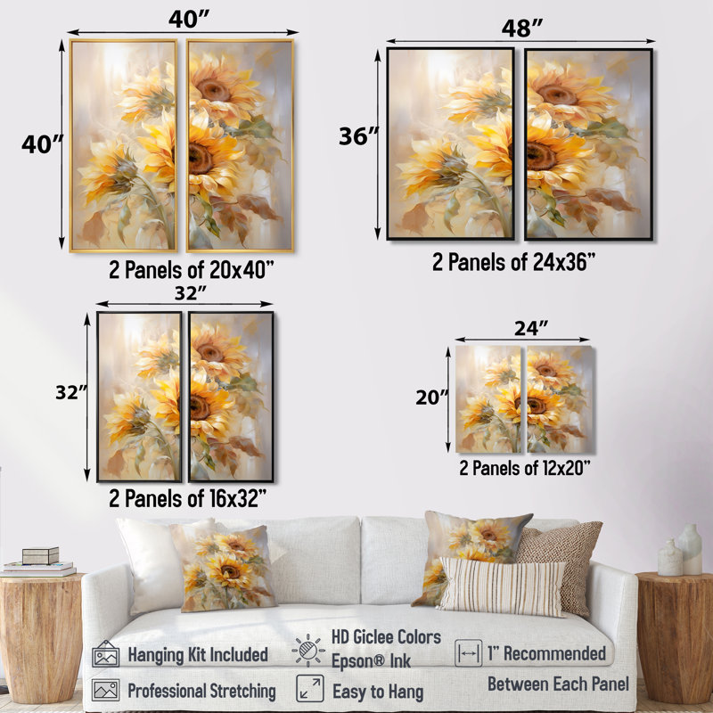 Impression romantique sur toile tournesols beiges beige - Jaune, H 40 po x l 40 po, Impression encadrée flottante, Blanc