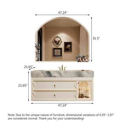 Meuble-lavabo de luxe en pierre frittée sans couture en céramique avec 2 tiroirs et miroir intelligent, blanc avec comptoir veines bleu-gris
