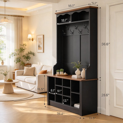 Portemanteau d'entrée multifonctionnel 3-en-1 avec portemanteau et banc, construit avec un espace de rangement pour chaussures réglable et des crochets de suspension, ton noir pur