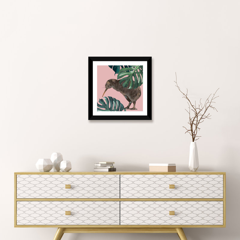 Kiwi oiseau avec monstera art, H 16 po x l 16 po x P 1 po, Papier avec cadre noir