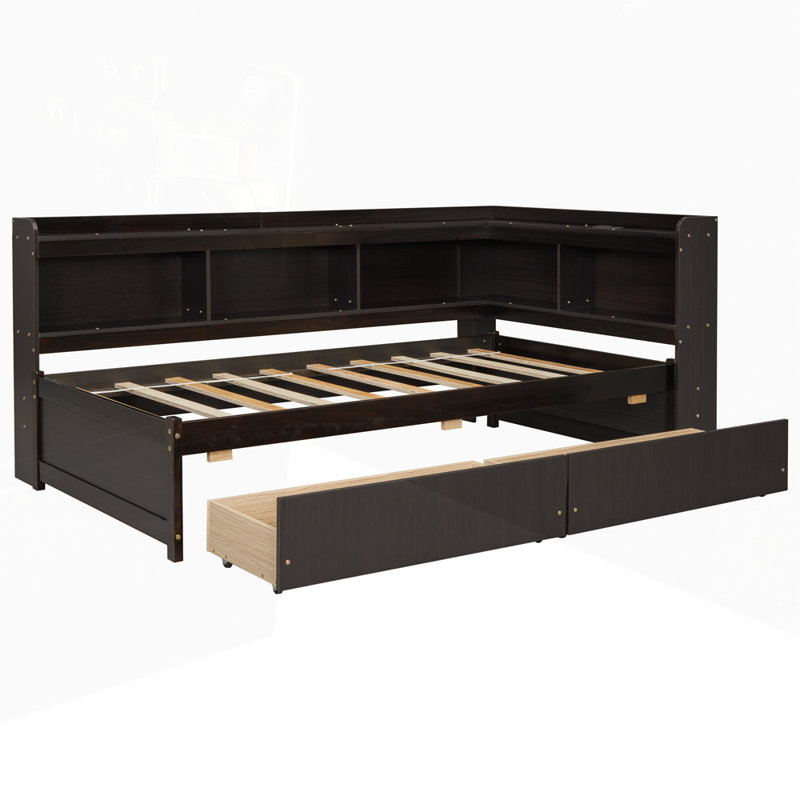 Lit en forme de L avec bibliothèques avec prises de courant, ports de charge USB et deux tiroirs, Lit simple, Espresso