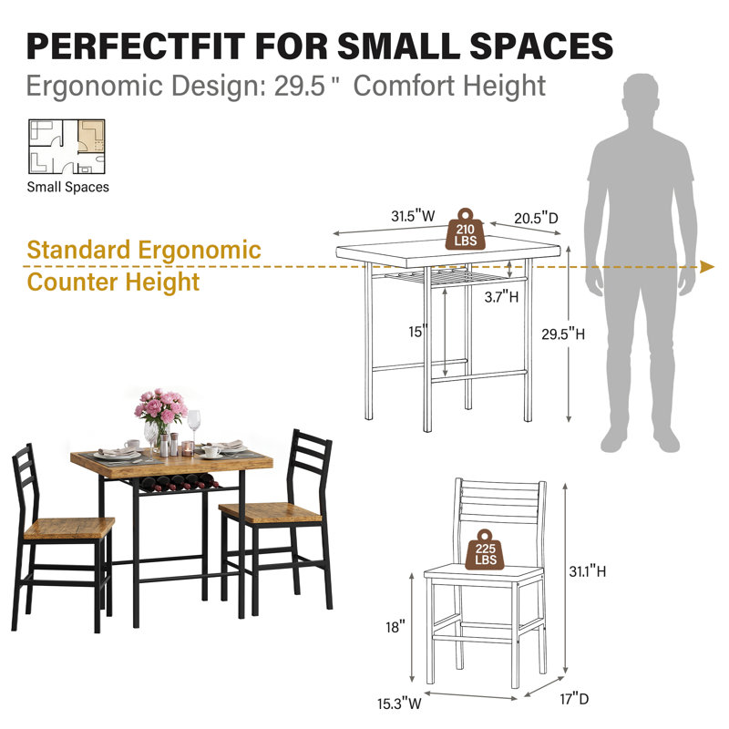 Ensemble de table de salle à manger 3 pièces pour 2 personnes, table de cuisine compacte de 31,5 pouces avec 2 chaises, ensemble de coin-repas compact avec support à vin intégré, plateau en panneau de fibres à densité moyenne avec cadre en métal, pour petits espaces, appartement, coin-repas
