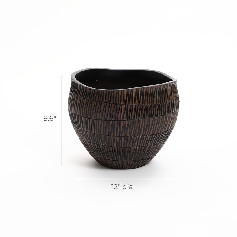 Brown V-Pattern Polyresin Round Planter, 9.6" H x 12" W x 12" D