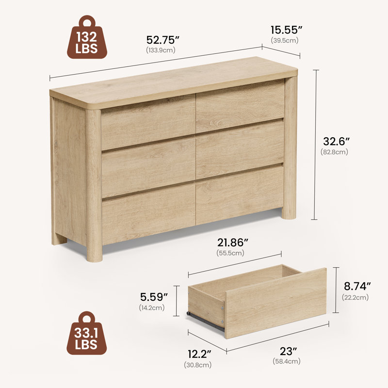 Rondo 52.7"W Natural Wood 6 Drawers Dresser Modern Dresser Chest For Bedroom Living Room, Natural Oak