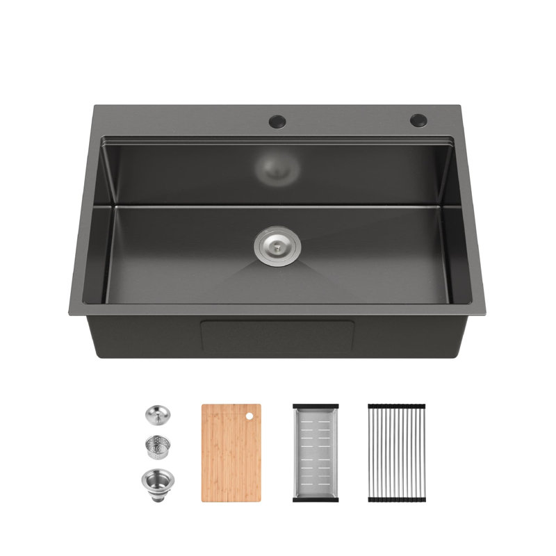 Drop In Kitchen Sink With Cutting Board Single Bowl Deep Workstation Sink Stainless Steel Overmount Kitchen Basin With Drain Strainer