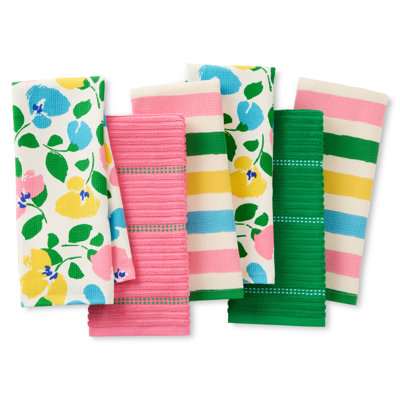 kate spade new york painterly bouquet & bold painterly stripe kitchen towels 6-pack set, pink