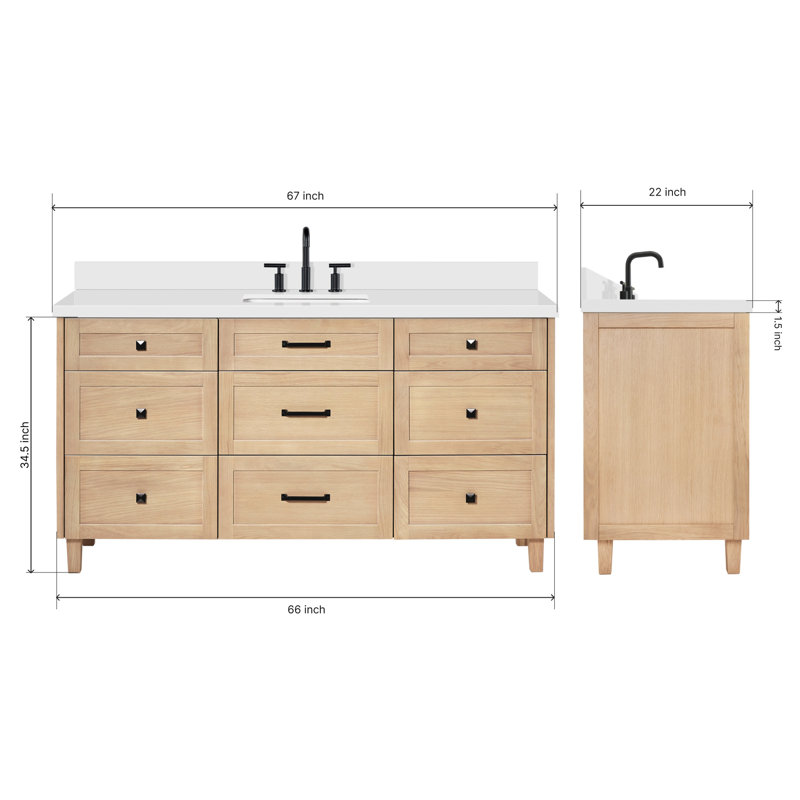 ARIEL Monroe 48 Single Sink Bathroom Vanity with Carrara Quartz Top, 67", Pure White Quartz, Oak