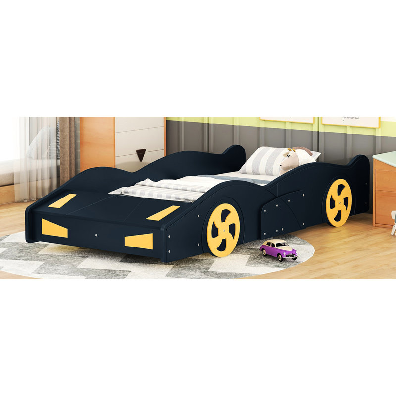Lit de voiture de course simple bleu foncé + jaune avec rangement pratique, construction, confortable pour une bonne nuit de sommeil, plateforme et espace de rangement, construction en bois fiable