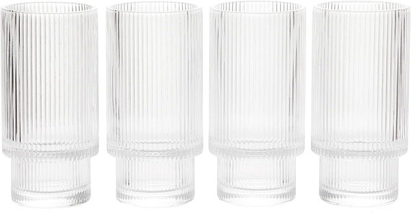 Ripple Ribbed Art Deco Highball Drinking Glasses 13oz - Set of 4