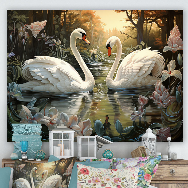 Cygnes et amour éternel sur toile, Toile tendue, H 24 po x l 32 po x P 1 po
