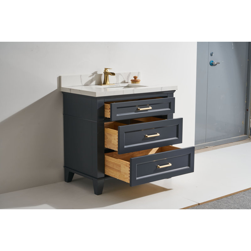 Meuble-lavabo en bois massif 49 po Chethan en graphite avec comptoir en quartz