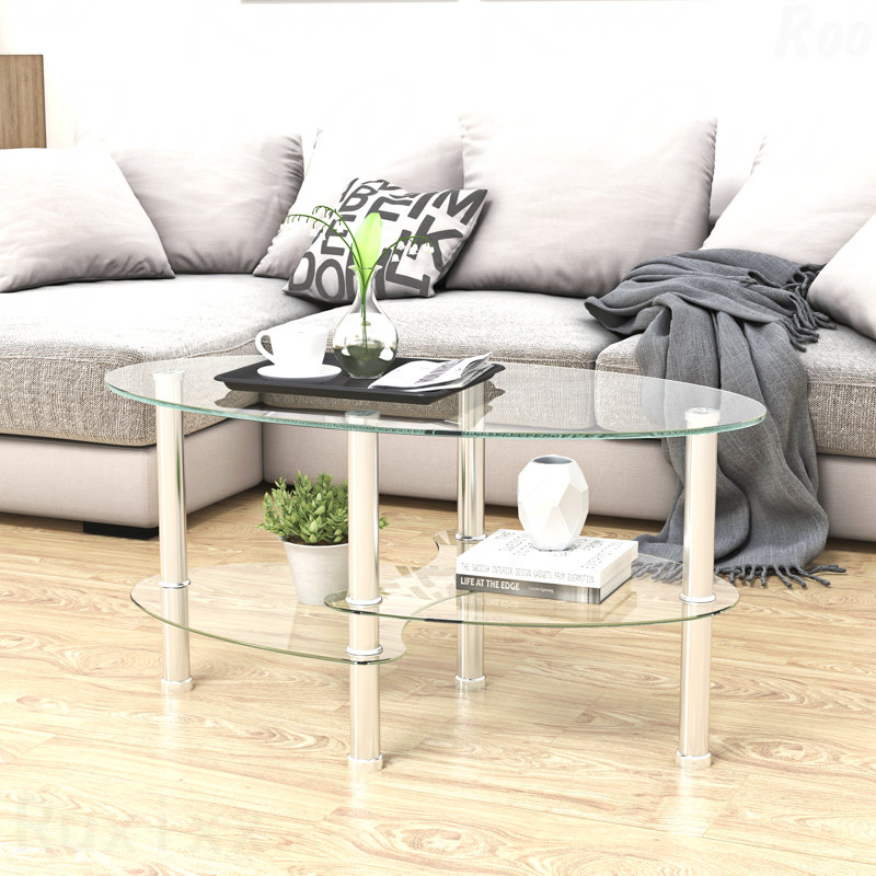 Table basse ovale en verre de style moderne avec table basse et pieds en acier inoxydable