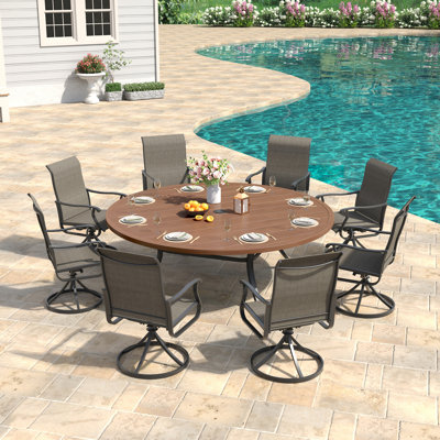 Orlando 8-Person Patio Dining Set with 63" Round Dining Table and 8 Swivel PVC-coated polyester Chairs