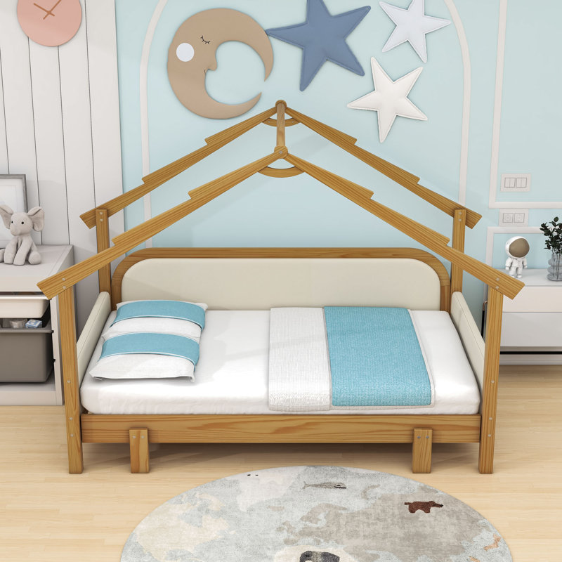 Lit simple en bois avec barrière de sécurité et espace de jeu sous le lit, Blanc