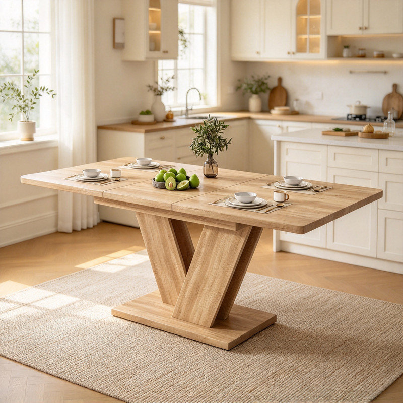 Extendable dining table 140/180*80 cm, suitable for 4-6 people, rectangular dining table, thickened tabletop, V-shaped legs, simple style, extendable dining table, oak color (Only Table)