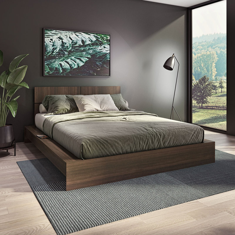 Lit plateforme avec tête de lit Zen OMEGA - Assemblage facile, aucun sommier requis, Noyer, Grand lit