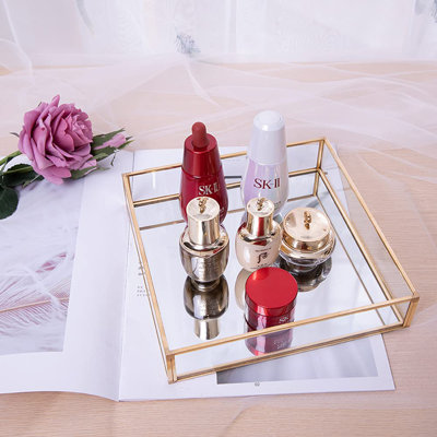 Plateau décoratif rectangulaire à miroir, or pouvant contenir des parfums, des bijoux, des cosmétiques, du maquillage, des magazines et plus encore, pour meuble-lavabo, commode, salle de bain, chambre à coucher (12 po x 8 po)