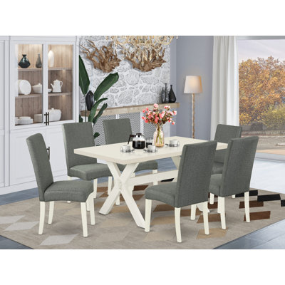 7 Piece Modern Dining Table Set Consist of a Rectangle Dining Room Table with X-Legs and 6 Gray Linen Fabric Parsons Chairs, linen white 