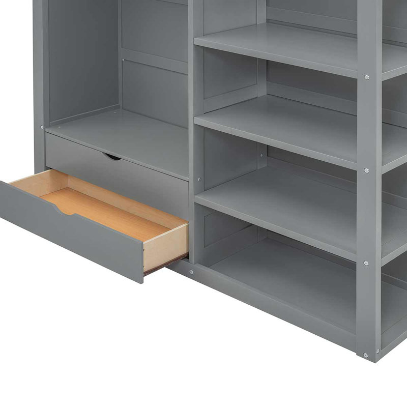 Lit mezzanine en bois avec bureau, lit mezzanine avec placards et 4 tiroirs pour la chambre à coucher, Gris, Lit double