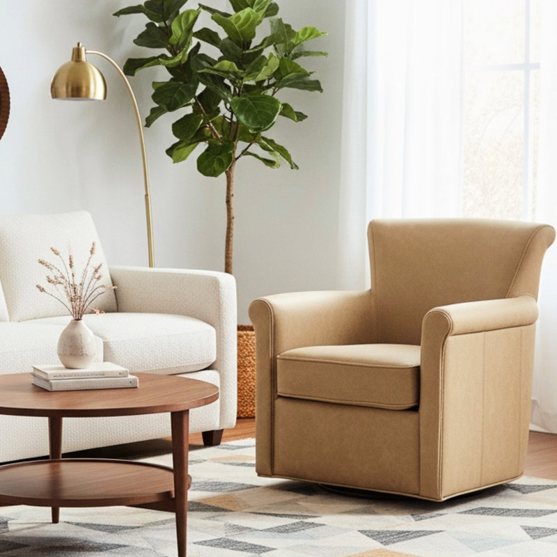 Fauteuil d'appoint en similicuir brun pivotant à 360°, dossier arrondi, surpiqûres décoratives, coutures passepoilées, assise à ressorts, coussin d'assise amovible, patins de sol, aucun assemblage requis.