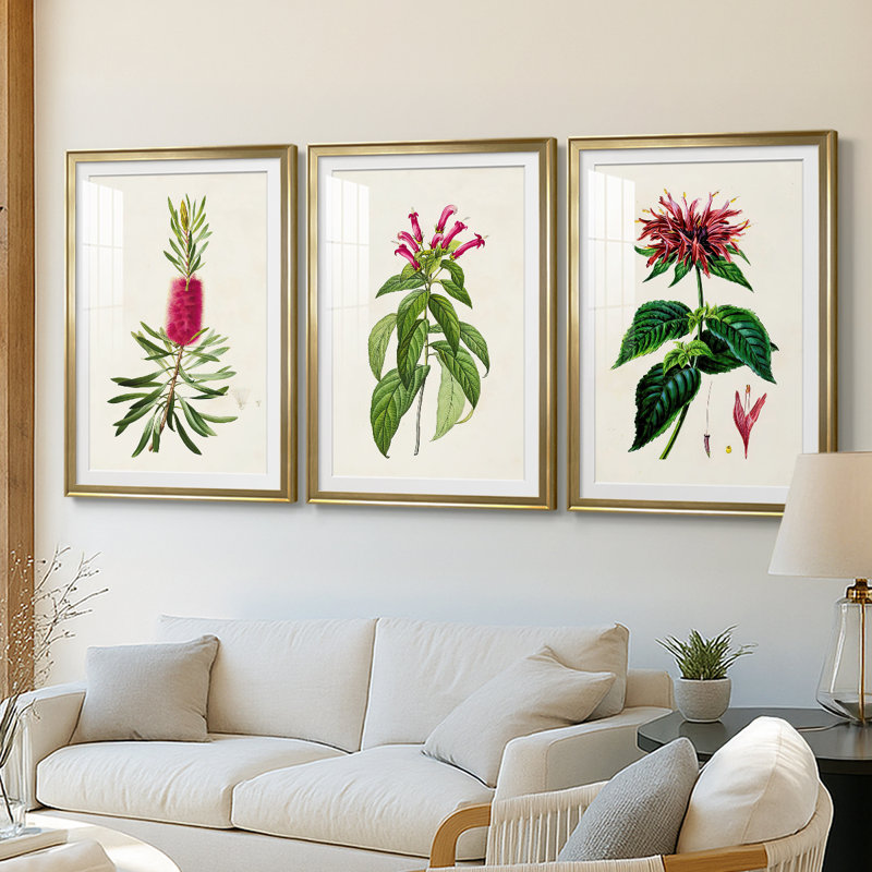 «Pretty Pink Botanicals VII», reproduction sur mesure encadrée de qualité supérieure - 3 pièces, H 27 po x l 39 po, Doré