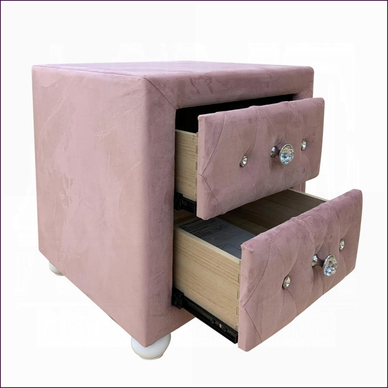 Pink Fabric Upholstered Bedroom Nightstand with 2 Drawers &amp; Crystal Knobs