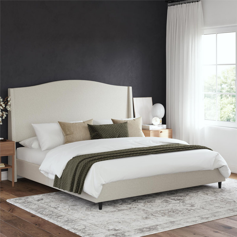 Lit plateforme tapissier à oreilles avec tête de lit incurvée Ana, Très grand lit, Beige