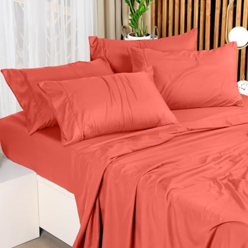 Bedding King Sheet Set – 4 Piece Bed Sheets For King Size Bed, Soft And Breathable Microfiber, Includes 1 Fitted Sheet, 1 Flat Sheet And 2 Pillowcases (Coral)