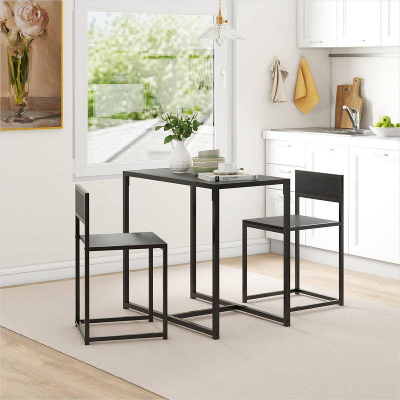 Ensemble de table de salle à manger 2 personnes avec plateau en panneau de fibres à densité moyenne de style industriel et structure en métal au fini noir, rectangulaire, d'une largeur de 35,5