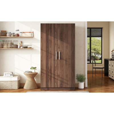 This brown two-door wooden wardrobe is designed to provide plenty of storage space with three spacious storage shelves. by Millwood Pines