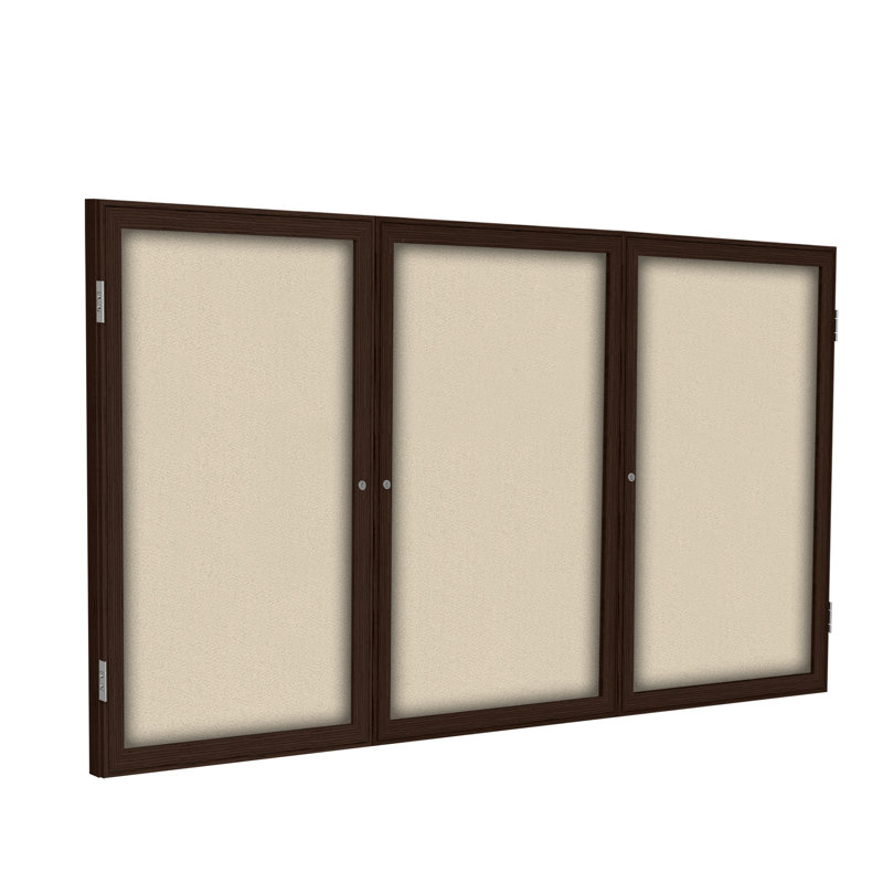 Babillards fermés en tissu à 3 portes avec cadre en bois Ghent, Beige, H 3 pi x l 6 pi, Noyer