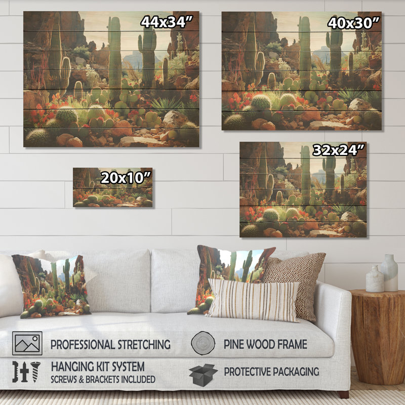 Cactus vert en fleur au Nevada - cactus floral sur bois, H 24 po x l 32 po