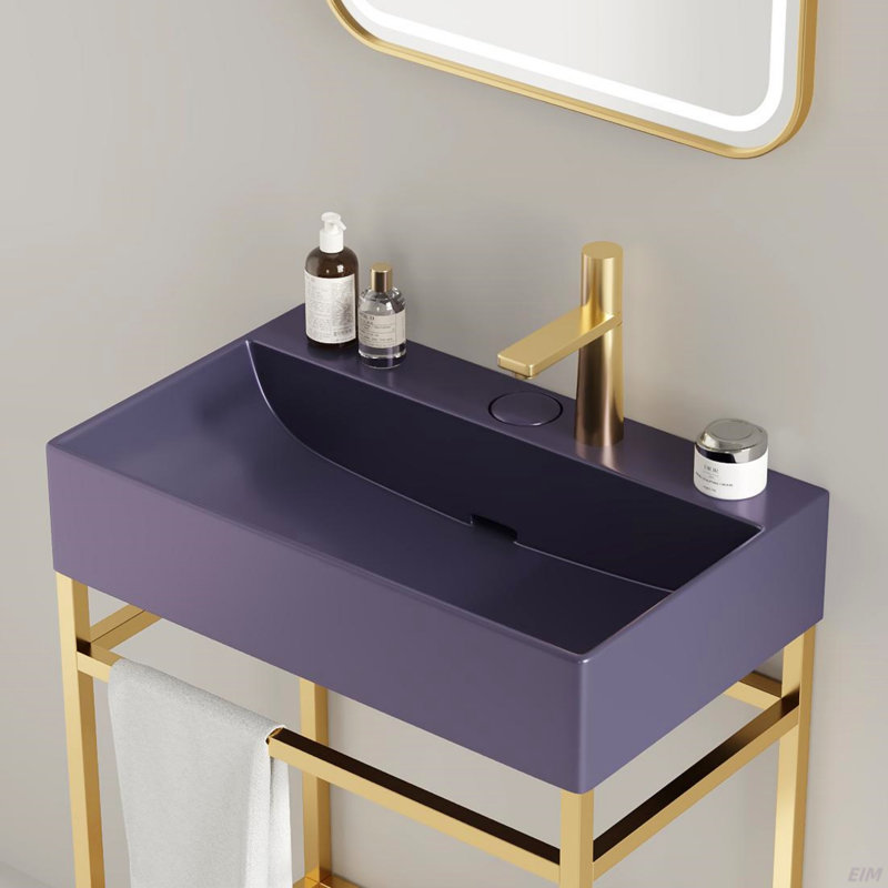 Meuble-lavabo de 24 po avec lavabo en céramique, ensemble de lavabo console sur pied, lavabo rectangulaire en céramique mauve brillant sans robinet, pieds en métal ouverts, tablettes de rangement
