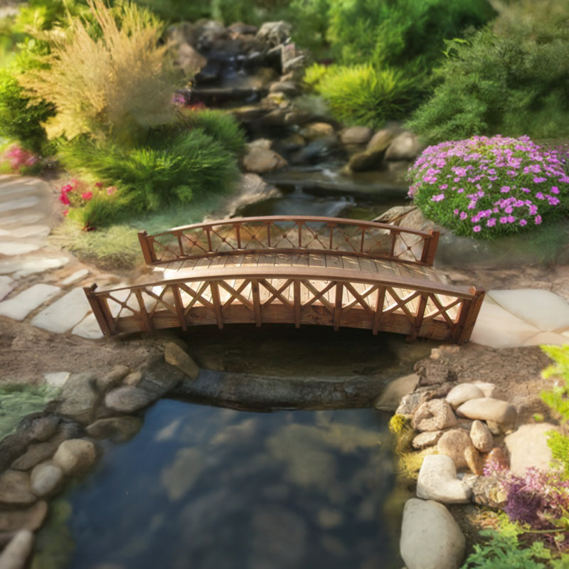 Gracefully Arched Wooden Garden Bridge with Lattice Railing