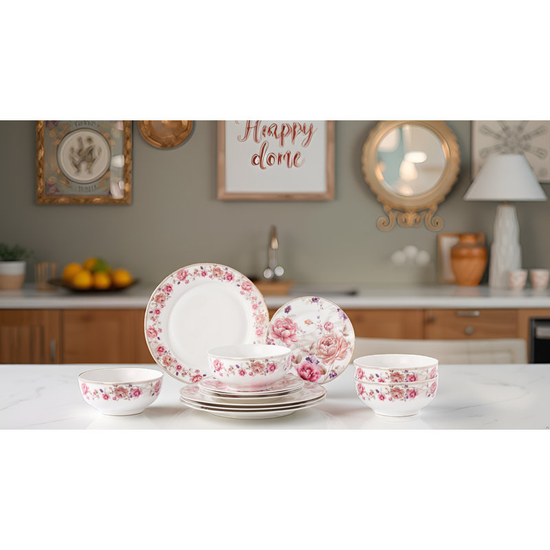 Service de table en porcelaine tendre Lorren Home Trends, 12 pièces, service pour 4, motif rose avec bordure dorée.